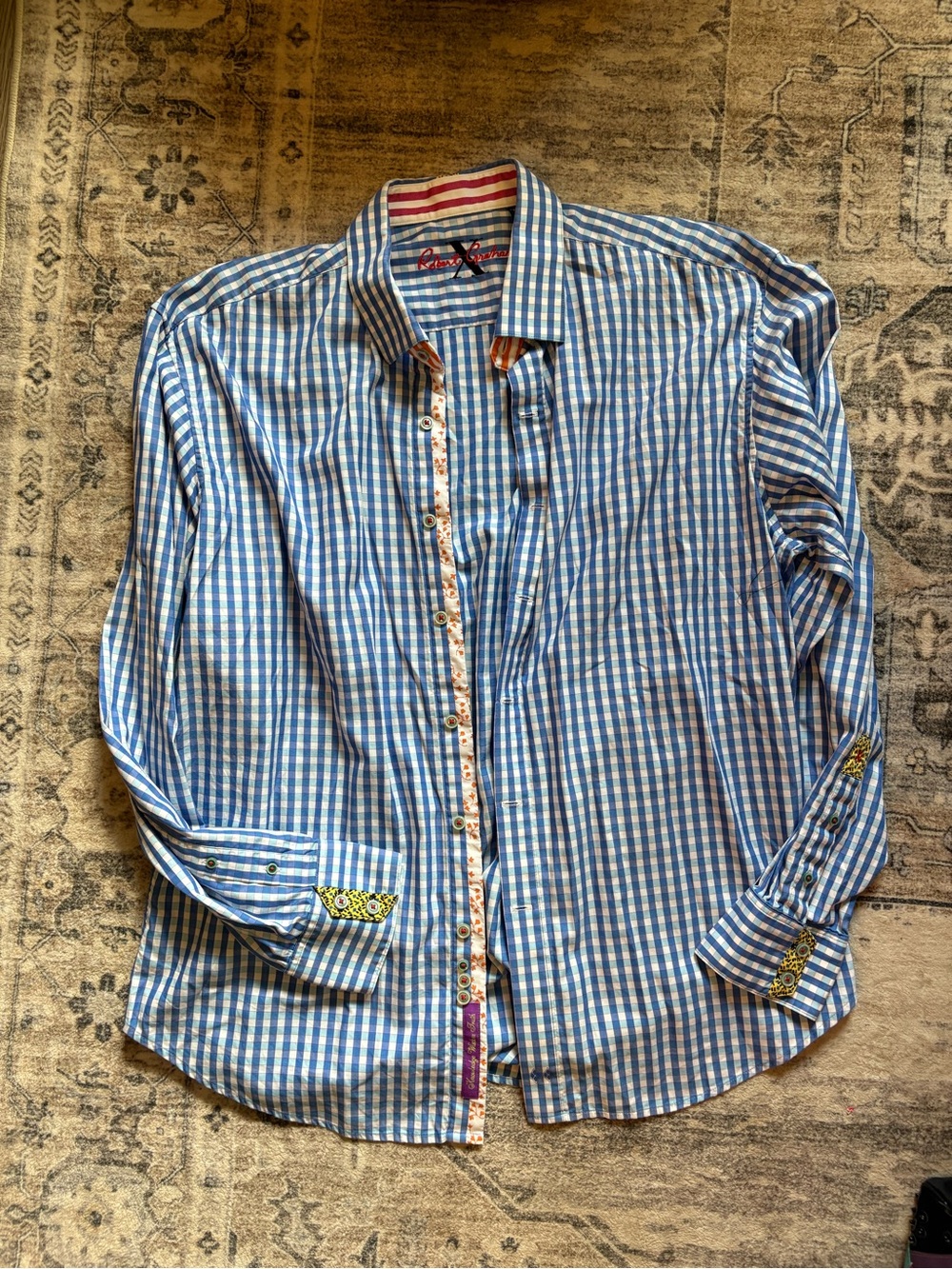 Robert graham gingham plaid men’s dress shirt in blue size 2XL